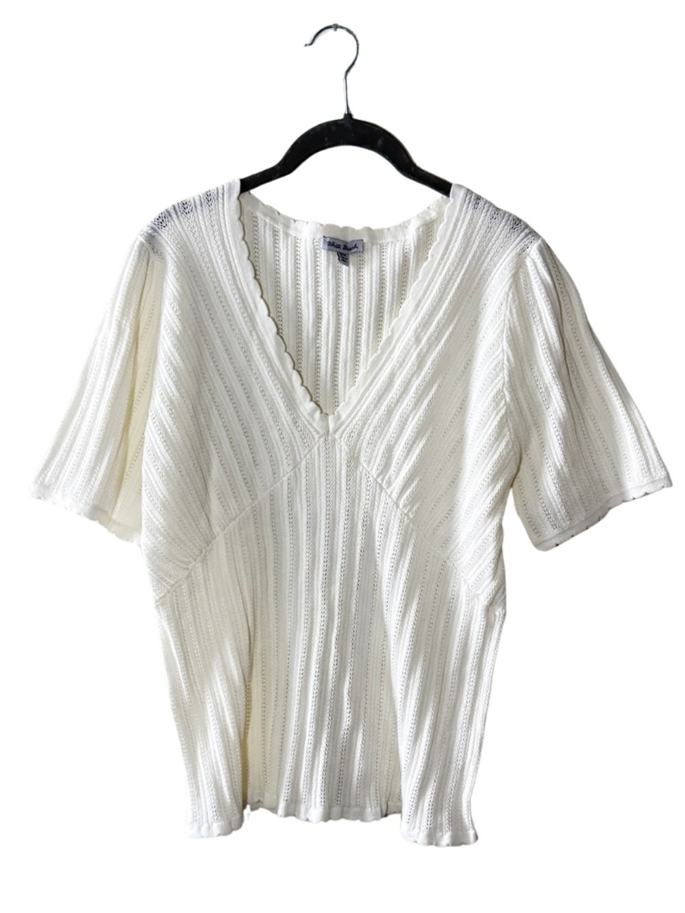 White Birch Plus Size 3X White Ribbed Knit V-Neck Top w/ Scalloped Trim